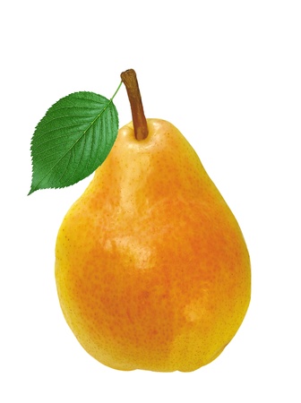 ripe pear with green leaf isolated on white backgroundの写真素材