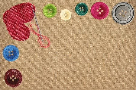 Bright sewing buttons, red textile heart and needle on gray fabricの写真素材