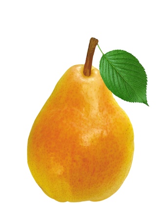 ripe pear with green leaf isolated on white backgroundの写真素材