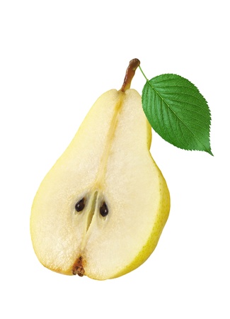 ripe pear with green leaf isolated on white backgroundの写真素材