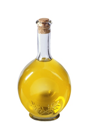 olive oil in glass bottle isolated on white backgroundの写真素材