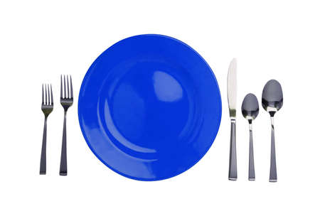 Blue plate, forks, knife and spoons isolated on whiteの写真素材