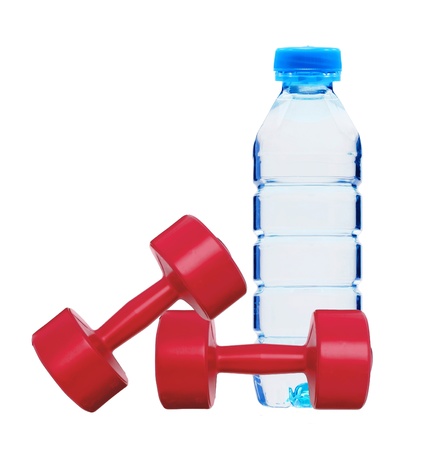 red dumbbells fitness and bottle of water isolated on whiteの写真素材