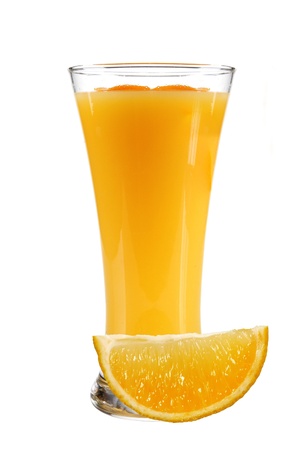 orange juice with slices of orange in the glass isolated on whiteの写真素材