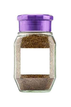 Instant coffee in glass bank-fragrant isolated on whiteの写真素材
