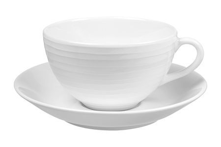 Clear white cup on plate isolated on white backgroundの写真素材