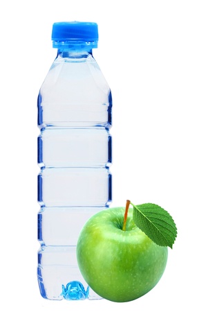 Blue bottle with water and fresh green apple isolated on whiteの写真素材