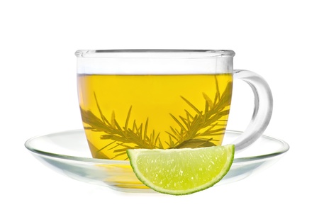 cup of green tea with lime (lemon) slice isolated on whiteの写真素材