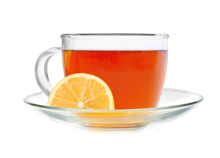 Glass cup tea with lemon slice isolated on a white backgroundの写真素材