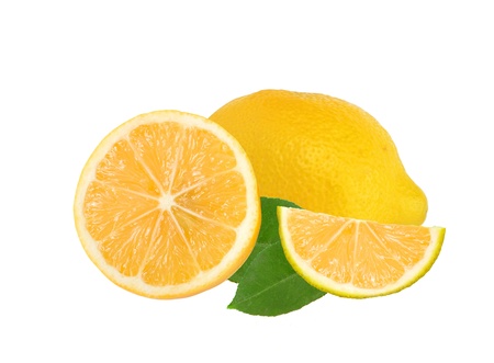 Fresh juicy lemon with green leaf isolated on white backgroundの写真素材