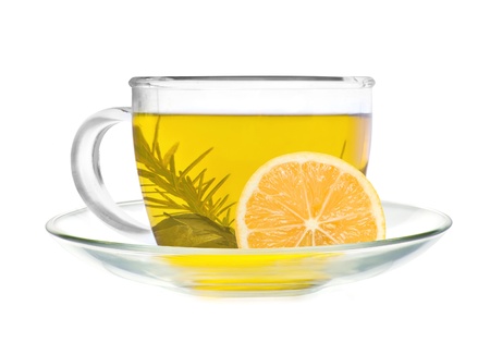 cup of green tea with lemon slice isolated on white backgroundの写真素材
