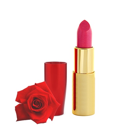 beautiful red lipstick in golden tube and red rose isolated on whiteの写真素材