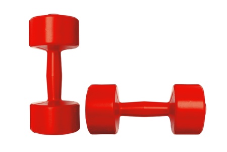 Red dumbbells fitness isolated on white backgroundの写真素材