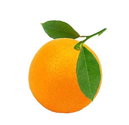 orange with leaf isolated on white backgroundの写真素材