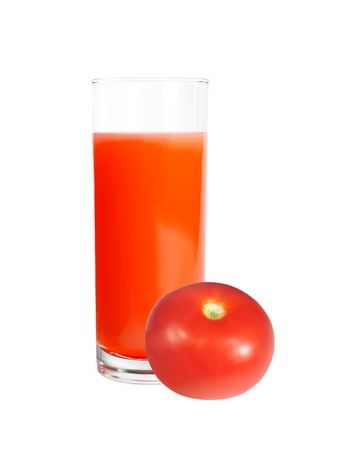 Tomato juice in glass and fresh tomato isolated on white backgroundの写真素材