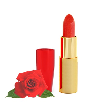 beautiful red lipstick in golden tube and red rose isolated on whiteの写真素材