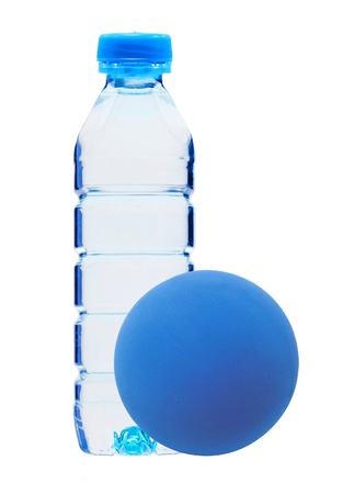 Blue bottle with water and ball isolated on white backgroundの写真素材
