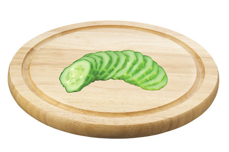 Fresh cucumber slices on deck isolated on white backgroundの写真素材