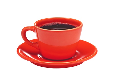 Red cup of coffee on plate isolated on white backgroundの写真素材