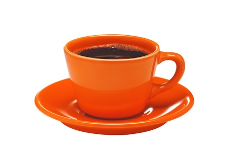 Red cup of coffee on plate isolated on white backgroundの写真素材