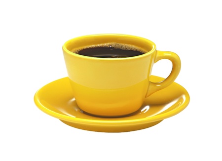 Yellow cup of coffee on plate isolated on white backgroundの写真素材