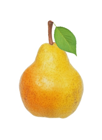 Beautiful fresh yellow pear with green leaf isolated on whiteの写真素材