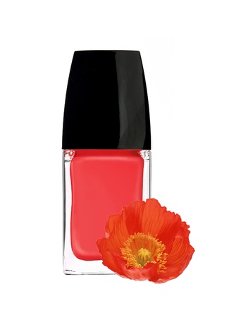 red nail polish and poppy flower isolated on white backgroundの写真素材