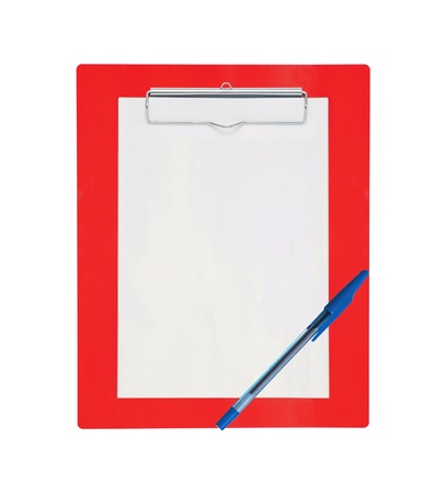 Red clipboard with blank paper and pen isolated on white backgroundの写真素材