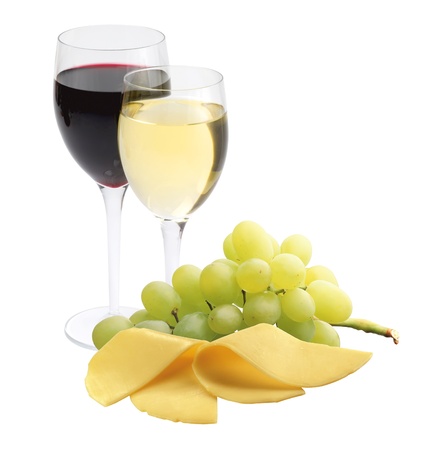 glasses of wine, cheese and ripe grapes isolated on whiteの写真素材