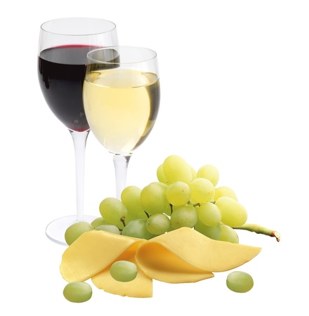 glasses of wine, cheese and ripe grapes isolated on whiteの写真素材