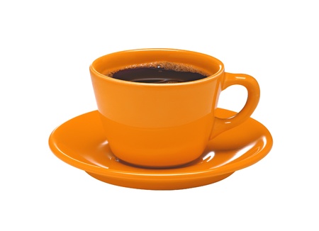 Orange cup of coffee on plate isolated on white backgroundの写真素材