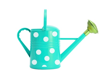 blue with white polka dot watering can isolated on whiteの写真素材