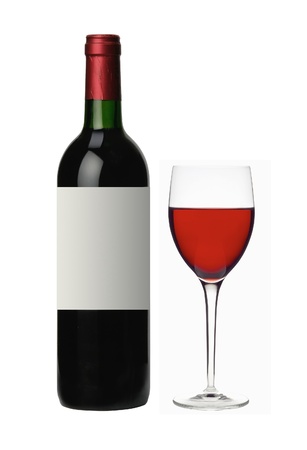 bottle and glass of red wine isolated on white backgroundの写真素材