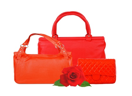 Red women bags and rose flower isolated on white backgroundの写真素材