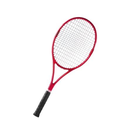Red tennis racket isolated white backgroundの写真素材