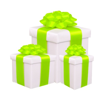 gift boxes with green bow isolated on whiteの写真素材
