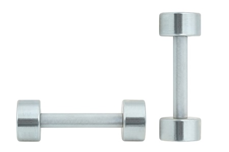 Chromed fitness dumbbells isolated on white backgroundの写真素材