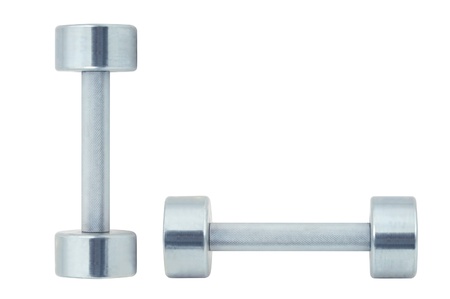 Chromed fitness dumbbells isolated on white backgroundの写真素材