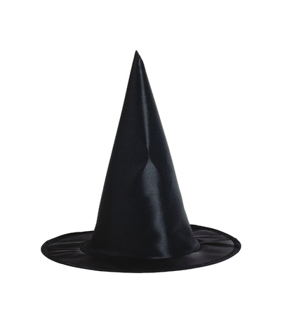 Black halloween witch hat isolated on white backgroundの写真素材