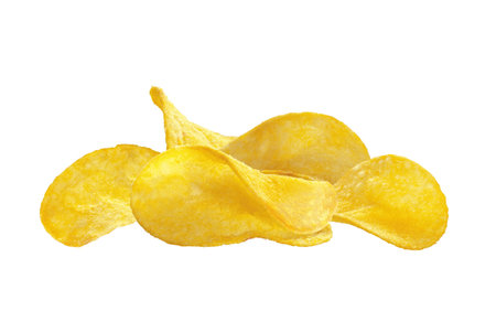 Delicious potato chips isolated on white background