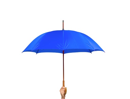 Blue umbrella in hand isolated on white backgroundの写真素材