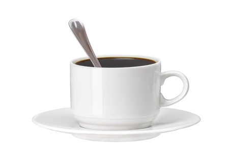 white cup of coffee with spoon isolated on white backgroundの写真素材