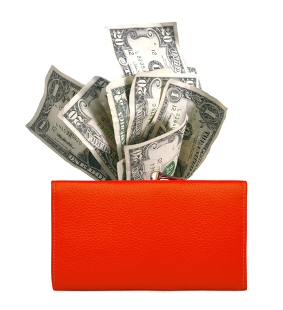 Woman red purse (wallet) with money isolated on white backgroundの写真素材