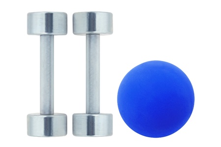 Chromed fitness dumbbells and blue ball isolated on white backgroundの写真素材