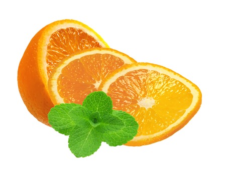 juicy orange slices and mint herb isolated on white backgroundの写真素材