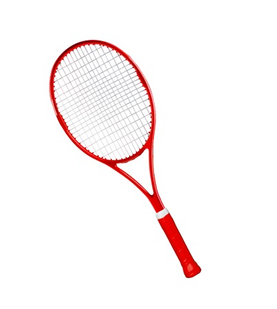 Red tennis racket isolated white backgroundの写真素材