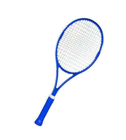 Blue tennis racket isolated white backgroundの写真素材