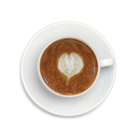 espresso coffee with heart symbol isolated on white backgroundの写真素材