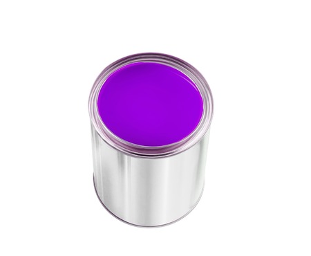 open tin can with violet paint isolated on white backgroundの写真素材