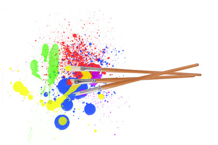 Watercolor splashes and brushes on the white backgroundの写真素材